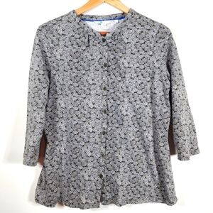 Boden Black Floral Jersey Button Up 3/4 Sleeve Top Size 12